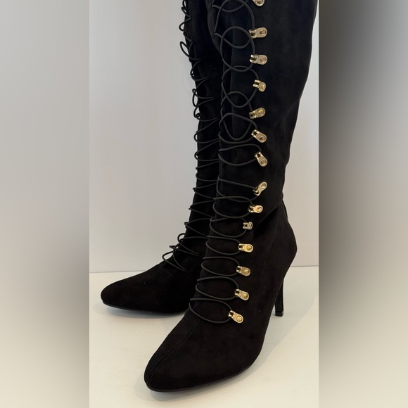 Journee Collection Black Over the Knee Boots with Gold Details - Picture 2 of 9